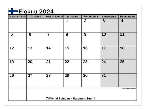 Kalenteri elokuu 2024 “Suomi”. Ilmainen tulostettava lehti.. Maanantaista sunnuntaihin