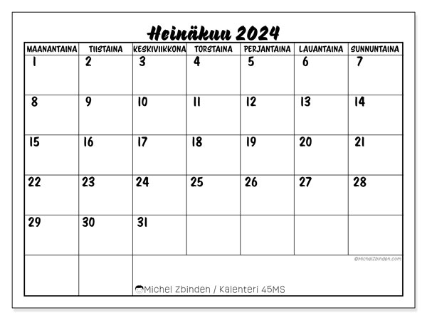 Kalenteri heinäkuu 2024, 45SL. Ilmainen tulostettava ohjelma.