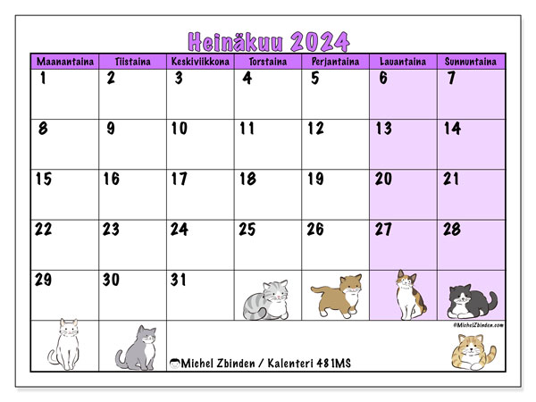 Kalenteri heinäkuu 2024, 481MS. Ilmainen tulostettava ohjelma.