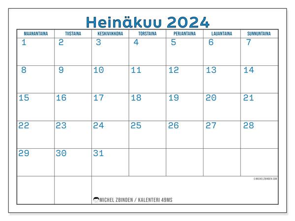 Kalenteri heinäkuu 2024 “49”. Ilmainen tulostettava lehti.. Maanantaista sunnuntaihin