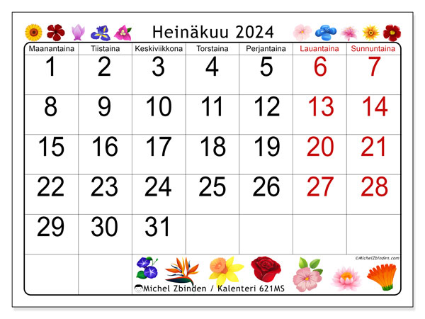 Kalenteri heinäkuu 2024, 621MS. Ilmainen tulostettava ohjelma.