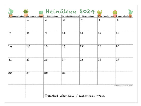 Kalenteri heinäkuu 2024 “772”. Ilmainen tulostettava lehti.. Sunnuntaista lauantaihin