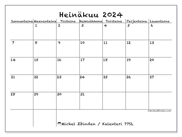 Kalenteri heinäkuu 2024, 77SL. Ilmainen tulostettava ohjelma.