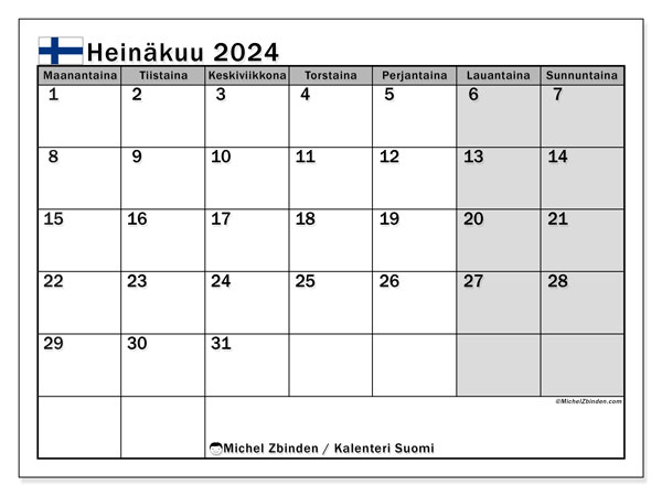 Kalenteri heinäkuu 2024, Suomi. Ilmainen tulostettava aikataulu.