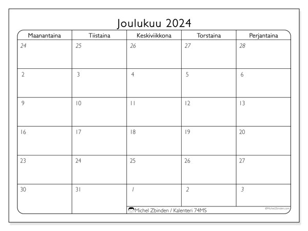 Kalenteri joulukuu 2024, 74MS. Ilmainen tulostettava ohjelma.