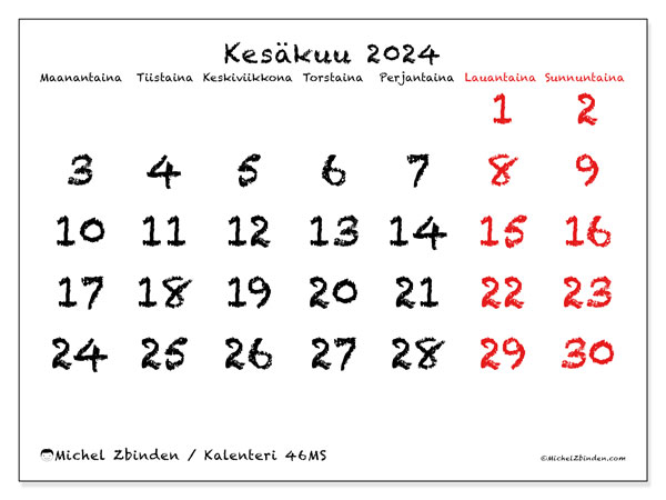 Kalenteri kesäkuu 2024, 46SL. Ilmainen tulostettava kartta.