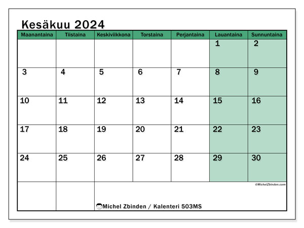 Kalenteri kesäkuu 2024, 503SL. Ilmainen tulostettava kartta.