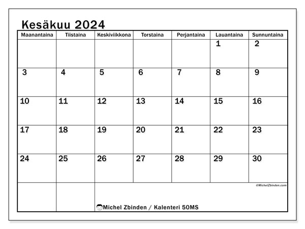 Kalenteri kesäkuu 2024, 50MS, valmiina tulostettavaksi ja maksutta.