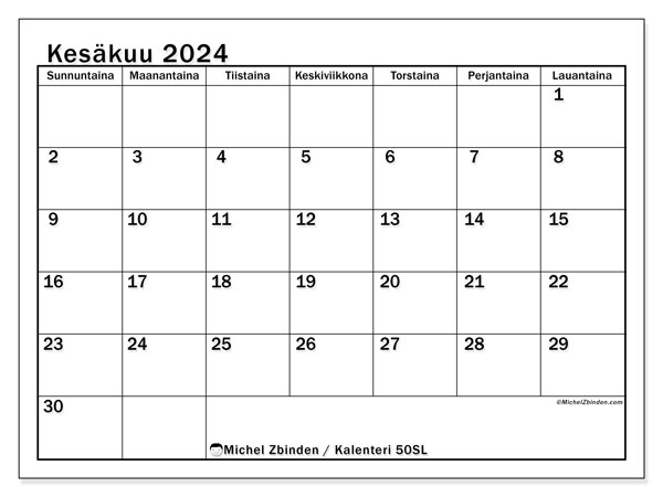 Kalenteri kesäkuu 2024 “50”. Ilmainen tulostettava lehti.. Sunnuntaista lauantaihin