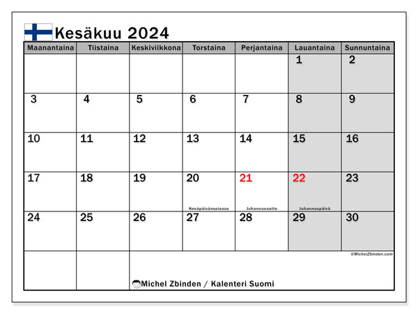 Kalender juni 2024, Finland (FI). Gratis utskrivbart program.
