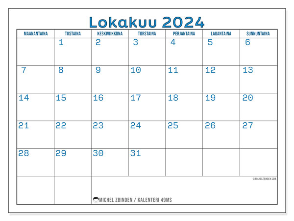 Kalenteri lokakuu 2024, 49SL. Ilmainen tulostettava kartta.