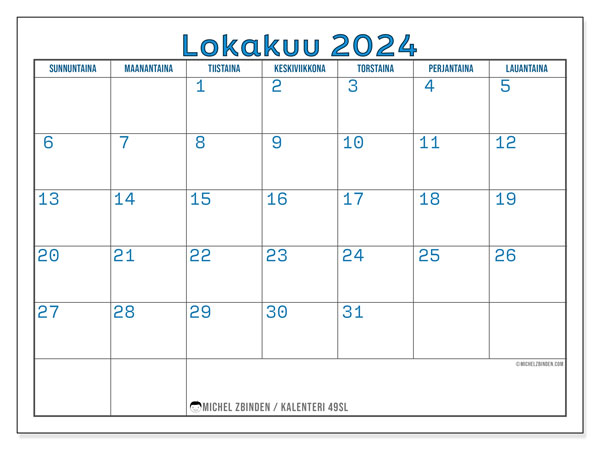 Kalenteri lokakuu 2024, 49SL. Ilmainen tulostettava kartta.
