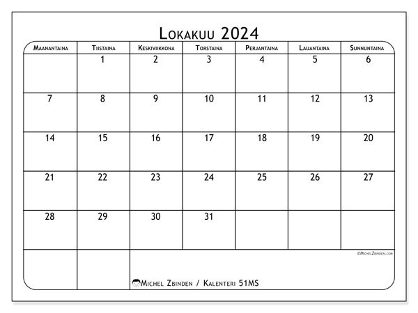 Kalenteri lokakuu 2024, 51SL. Ilmainen tulostettava kartta.