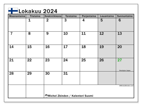 Kalender oktober 2024, Finland (FI). Gratis plan til print.