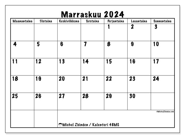 Kalenteri marraskuu 2024, 48MS. Ilmainen tulostettava kartta.