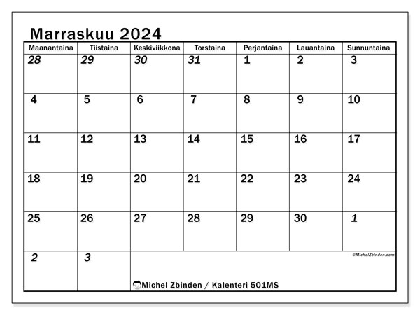 Kalenteri marraskuu 2024, 501SL. Ilmainen tulostettava kartta.
