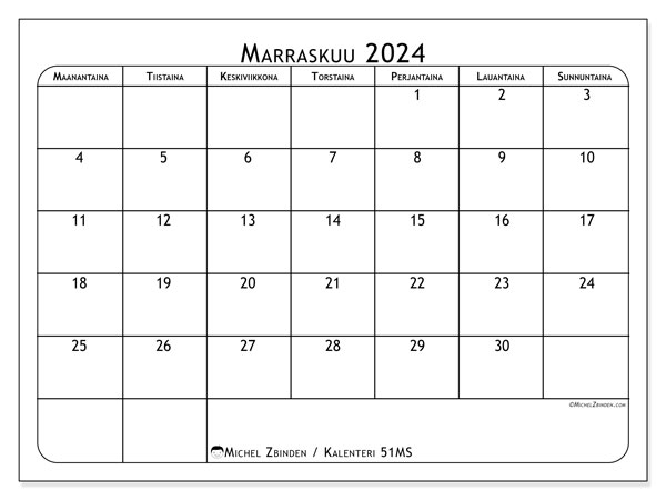 Kalenteri marraskuu 2024, 51MS. Ilmainen tulostettava kartta.