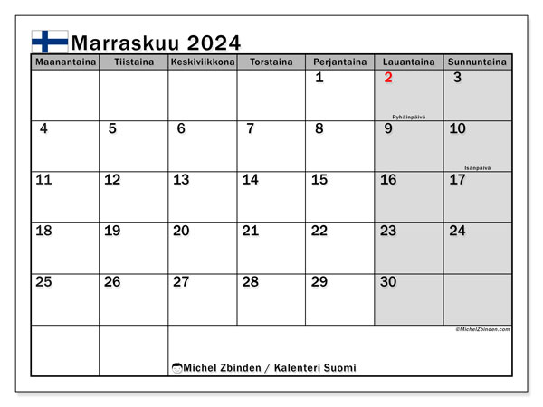 Kalendarz listopad 2024, Finlandia (FI). Darmowy kalendarz do druku.