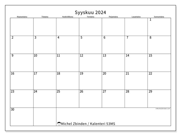 Kalenteri syyskuu 2024, 53MS. Ilmainen tulostettava kartta.