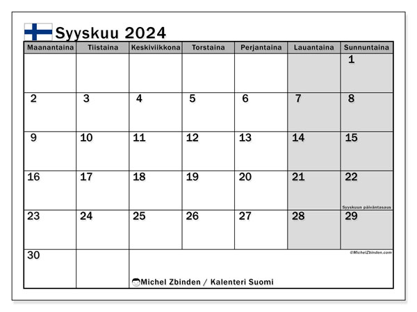 Kalendarz wrzesień 2024, Finlandia (FI). Darmowy program do druku.