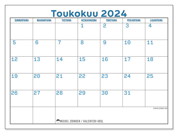 Kalenteri toukokuu 2024, 49SL. Ilmainen tulostettava kalenteri.