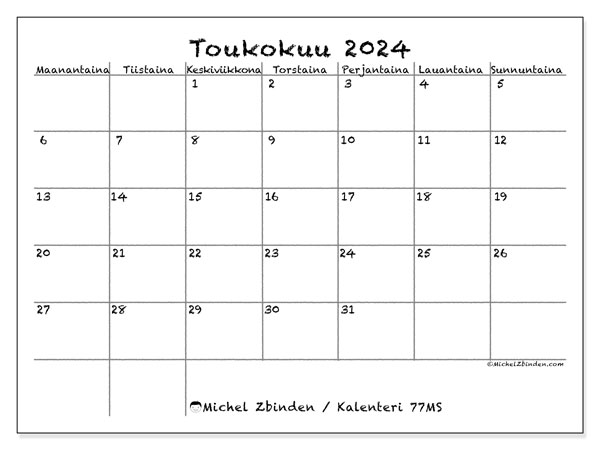Kalenteri toukokuu 2024, 77SL. Ilmainen tulostettava kalenteri.