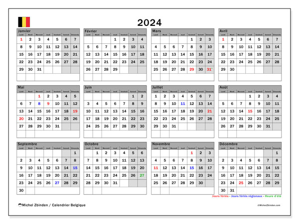 Kalender 2024, Belgien (FR). Gratis kalender til print.
