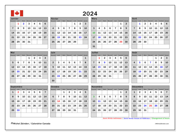 Kalendarz 2024, Kanada (FR). Darmowy dziennik do druku.