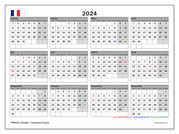 Kalender 2024, Frankrig (FR). Gratis kalender til print.