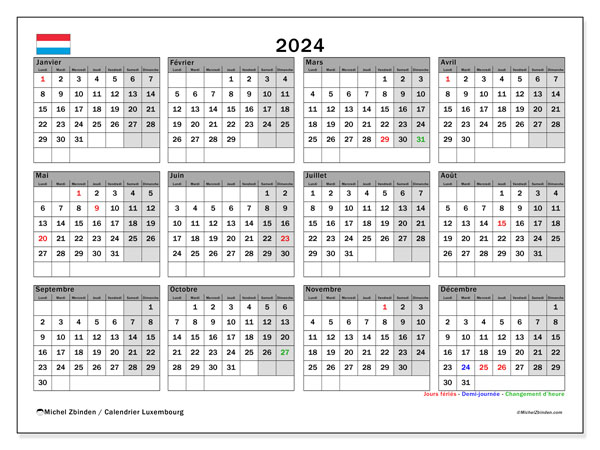 Kalender 2024, Luxembourg (FR). Gratis kalender til print.
