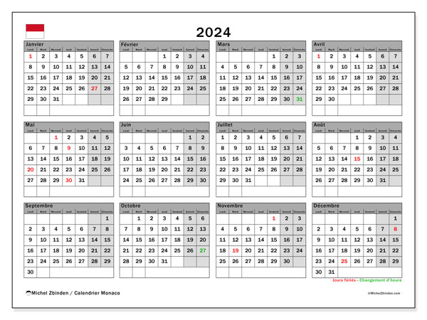 Kalender 2024, Monaco (FR). Schema för gratis utskrift.