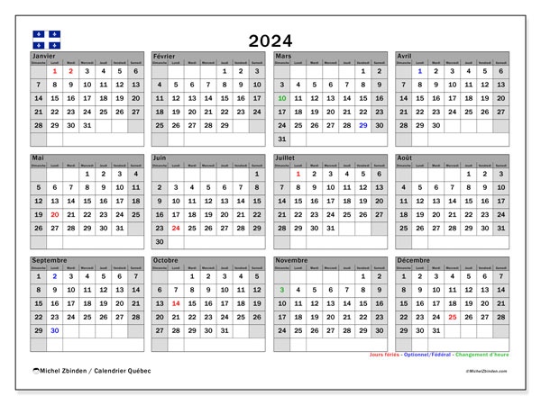 Kalender 2024, Quebec (FR). Gratis af te drukken agenda.
