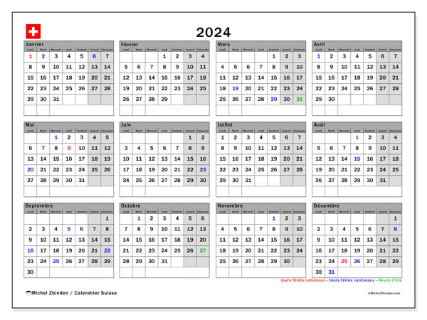 Kalender 2024, Zwitserland (FR). Gratis af te drukken agenda.