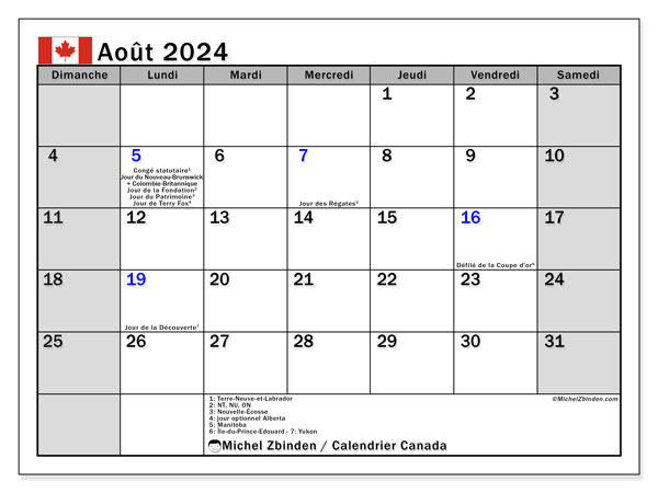 Kalenteri elokuu 2024, Kanada (FR). Ilmainen tulostettava kartta.