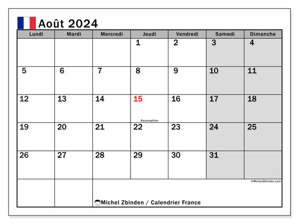 Kalender augustus 2024, Frankrijk (FR). Gratis afdrukbaar programma.