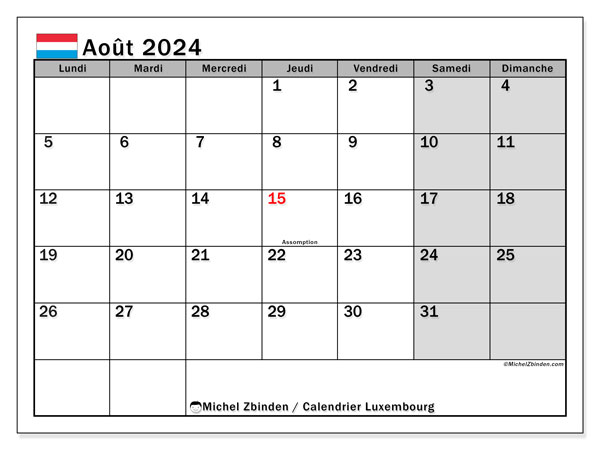 Kalender augusti 2024, Luxemburg (FR). Schema för gratis utskrift.