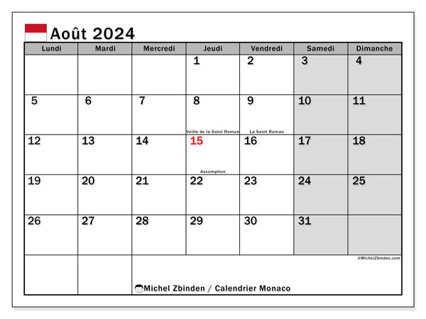 Kalenteri elokuu 2024, Monaco (FR). Ilmainen tulostettava kartta.