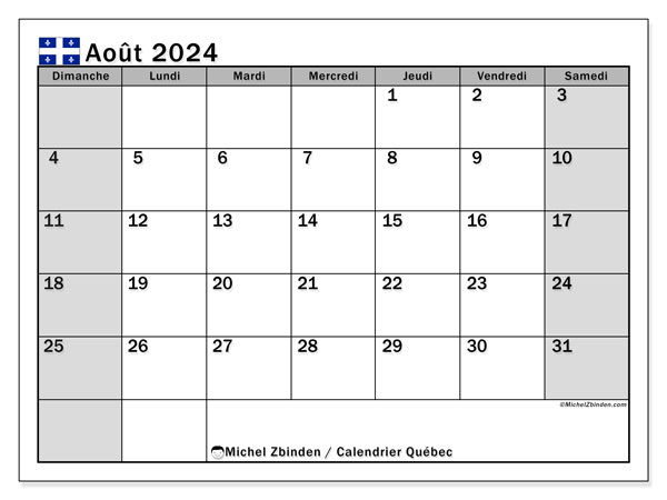Calendario agosto 2024, Québec (FR). Piano da stampare gratuito.