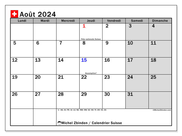 Kalender augustus 2024, Zwitserland (FR). Gratis afdrukbaar programma.