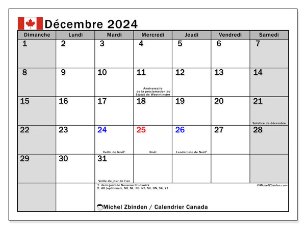 Kalendarz grudzień 2024, Kanada (FR). Darmowy program do druku.