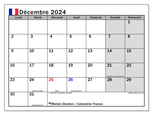 Kalendarz grudzień 2024, Francja (FR). Darmowy program do druku.