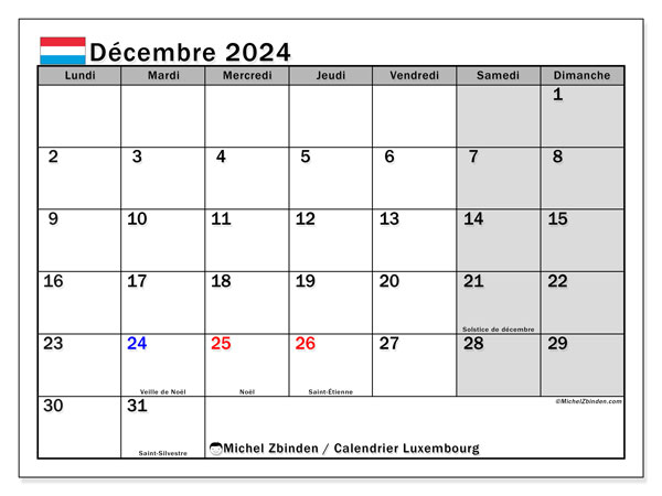 Calendario dicembre 2024, Lussemburgo (FR). Programma da stampare gratuito.