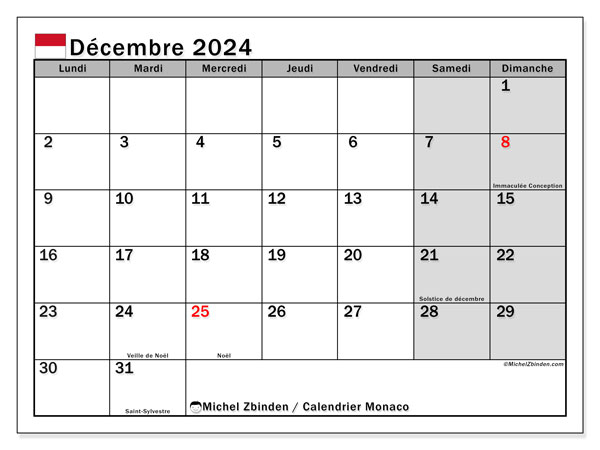 Kalender december 2024, Monaco (FR). Schema för gratis utskrift.