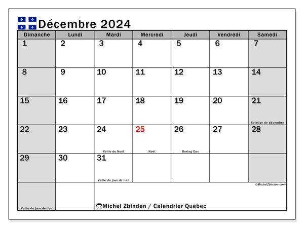 Kalendarz grudzień 2024, Quebec (FR). Darmowy program do druku.
