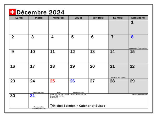 Kalender desember 2024, Sveits (FR). Gratis journal for utskrift.