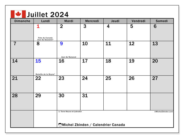 Kalender Juli 2024, Kanada (FR). Kalender zum Ausdrucken kostenlos.