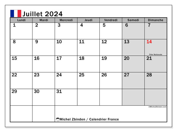 Kalendarz lipiec 2024, Francja (FR). Darmowy program do druku.