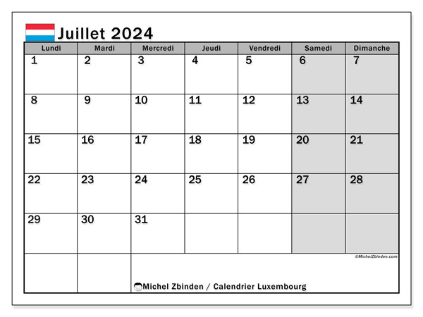 Kalender Juli 2024, Luxemburg (FR). Kalender zum Ausdrucken kostenlos.