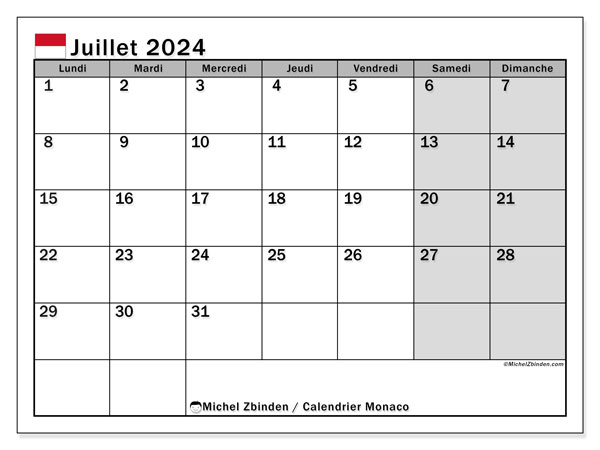 Kalenteri heinäkuu 2024, Monaco (FR). Ilmainen tulostettava aikataulu.