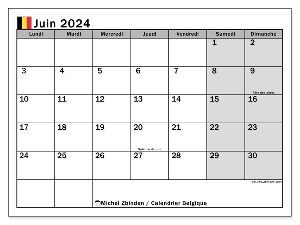 Kalender juni 2024, België (FR). Gratis printbaar schema.